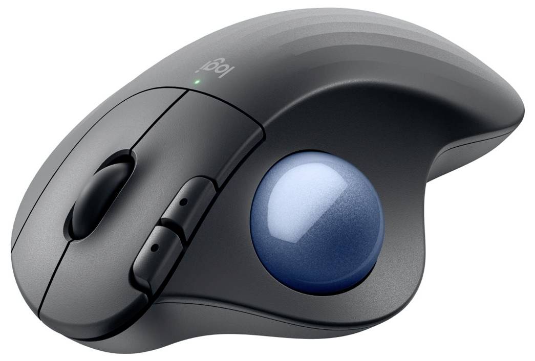 Ergonomisk trådløs mus i sort med blå trackball ved siden, velegnet til præcis styring og behagelig betjening.