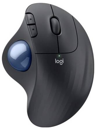 Kugleformet grå computermuse med blå trackball til venstre. To knapper og scrollhjul øverst. Mærkelogo 'logi' synligt.