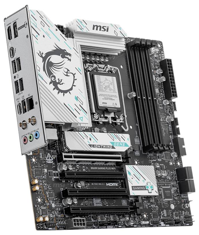 MSI-bundkort, sort, med hvid køler, integreret Dragon-logo, flere PCIe-stik og RAM-stik, til gaming-pc'er.