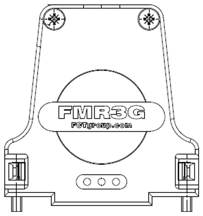 Tegning af en enhed med et markant, buet design. Tekst i midten: 'FMR3G'. Nedre hjørner indeholder tilslutninger.