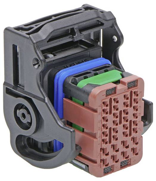 En sort, rektangulær, elektronisk stikforbindelse med farvede indsatser: blå, grøn og rød, til kabelsammenkoblinger.