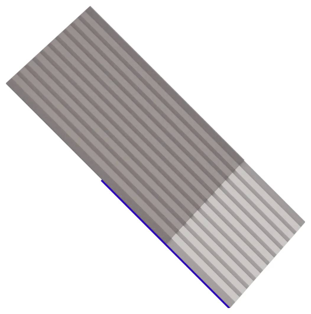 Diagonalt stribet rektangulær bjælke i brun og lysegrå, med en blå kant langs den nederste side.