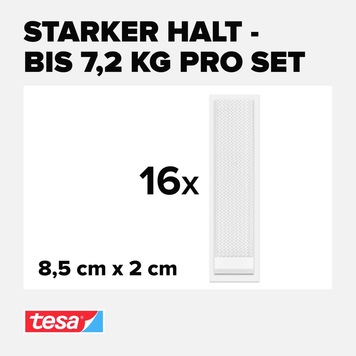 'Stærk fasthold - op til 7,2 kg pr. sæt', 16 selvklæbende strimler, størrelse 8,5 cm x 2 cm, mærke tesa, hvid baggrund.