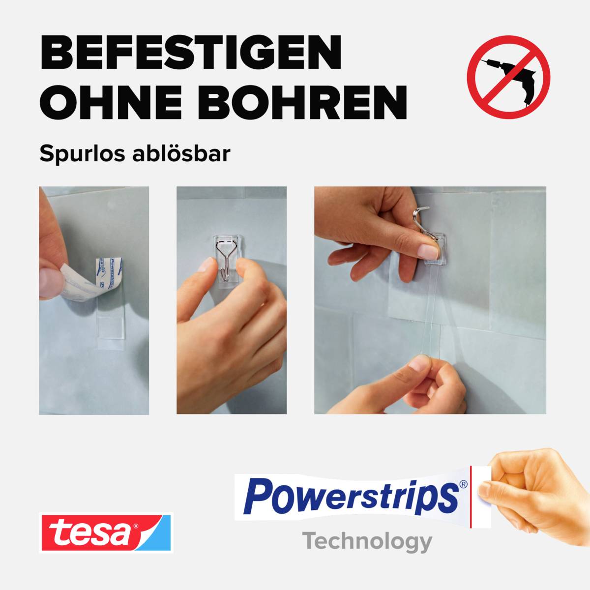 'Montering uden boring': Tre trin til nem opsætning med Powerstrips, ingen boreværktøj nødvendigt, kan fjernes sporløst.
