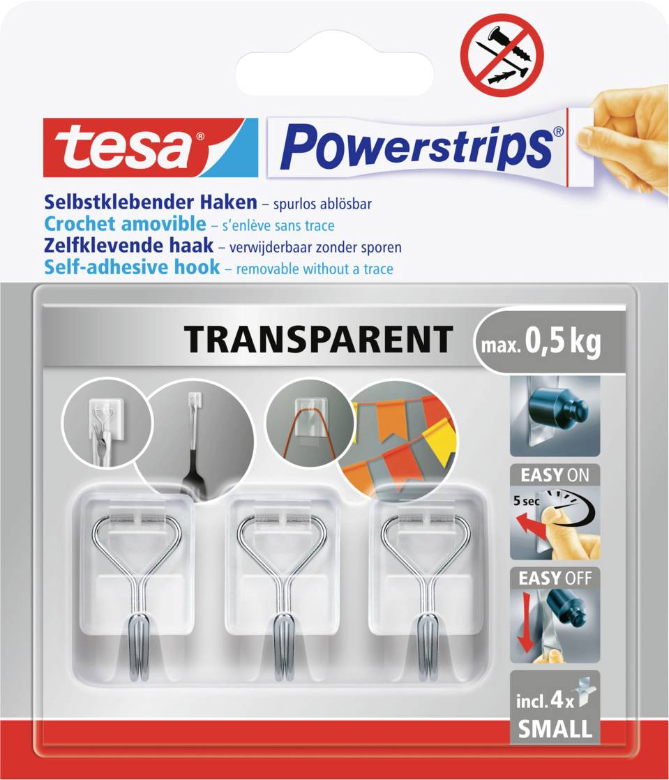 Selvklæbende kroge Tesa Powerstrips Transparent, maks. 0,5 kg, nemme at installere og fjerne uden spor, inkl. 4 stk, størrelse: Lille.