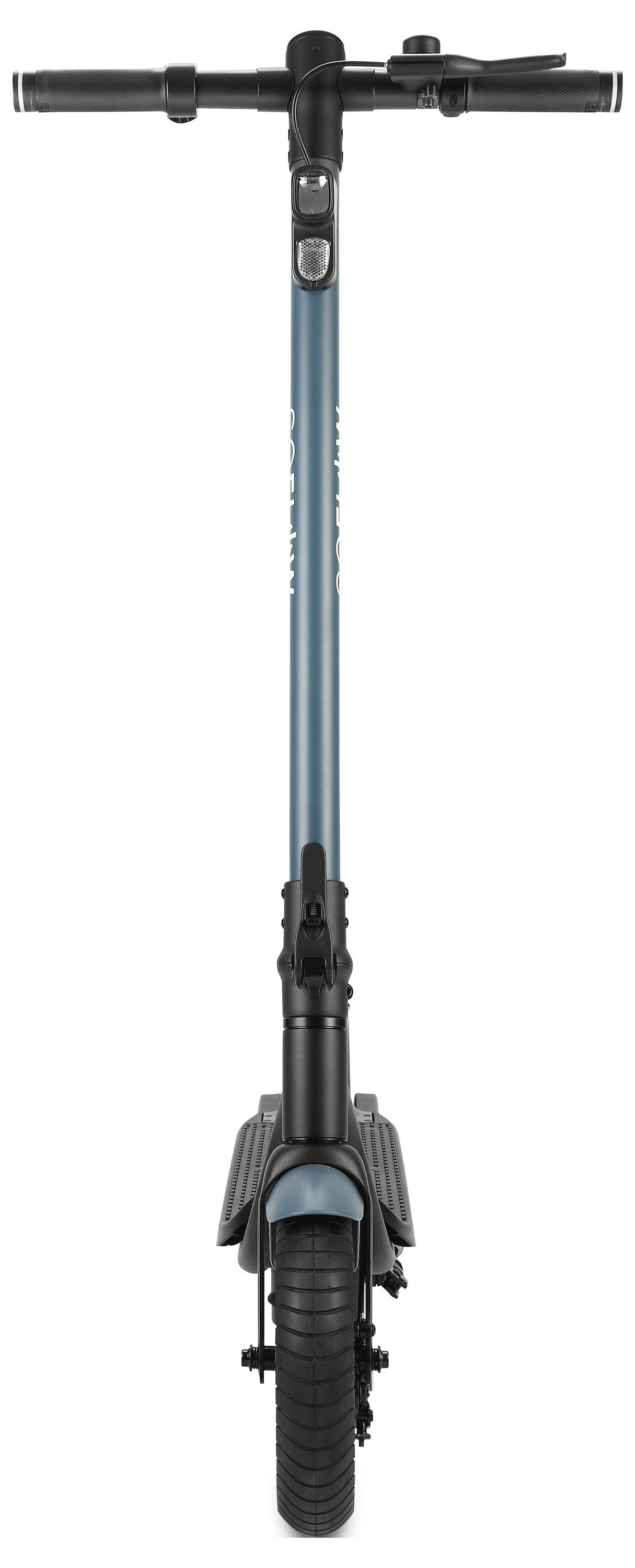 Elektrisk scooter set forfra, blå-sort, med LED-display på styret.