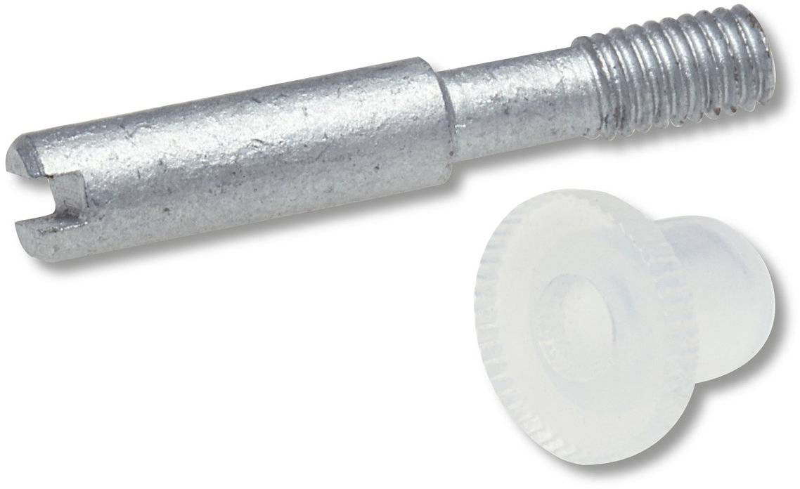 Metallisk stift med gevind og plastikdæksel, muligvis til forbindelse af komponenter i tekniske applikationer.