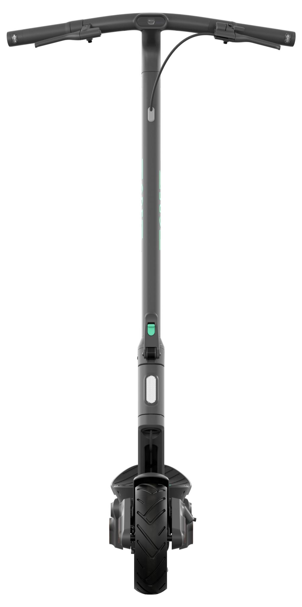 Elektrisk scooter set forfra, sort design, smal styrbøjle, robust dæk, velegnet til bymæssig mobilitet.