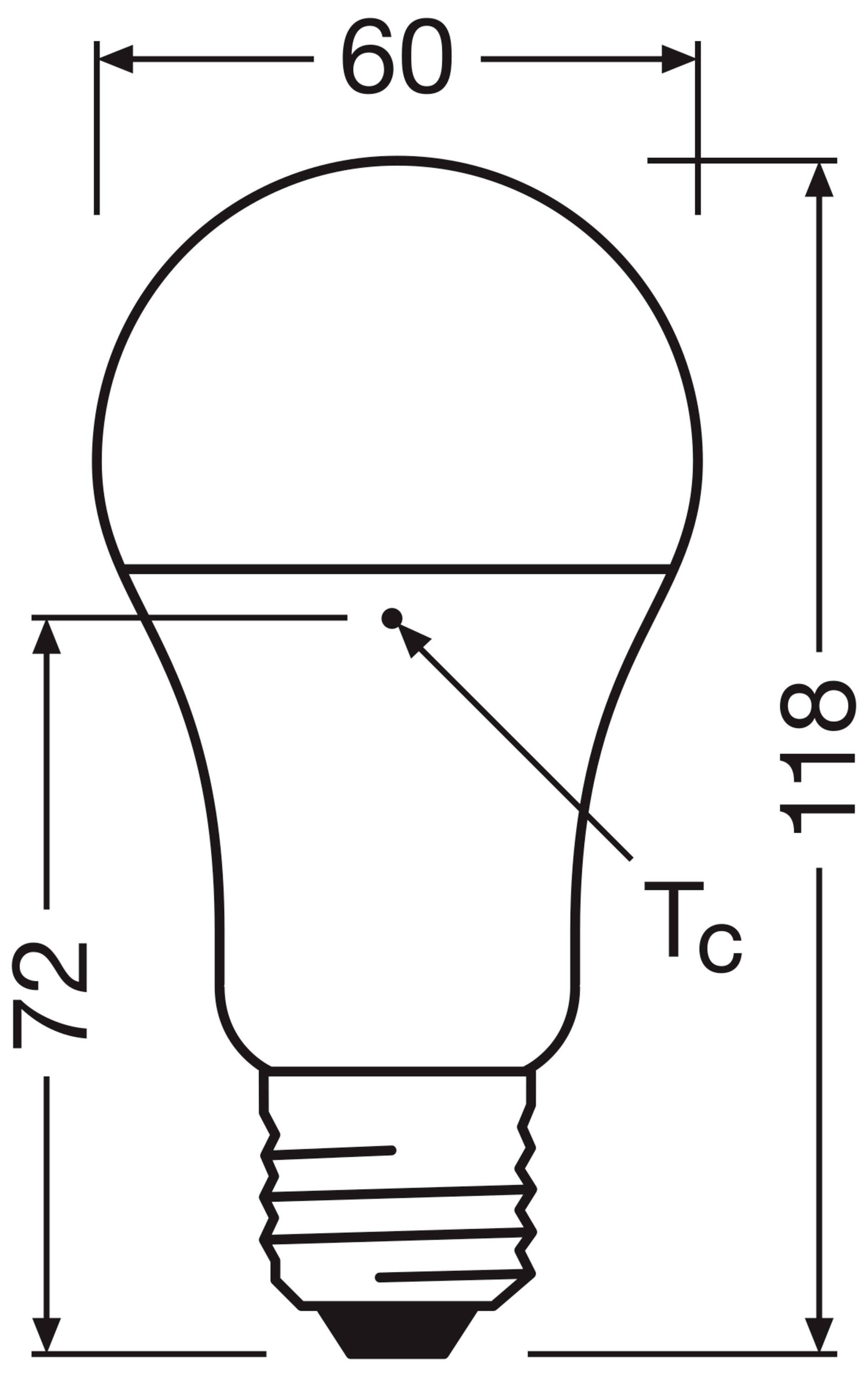 Glødepæreskitse med størrelsesangivelser: Bredde 60 mm, samlet 118 mm; Højde til mærket 72 mm. Mærket ved 72 mm er mærket med 'Tc'.