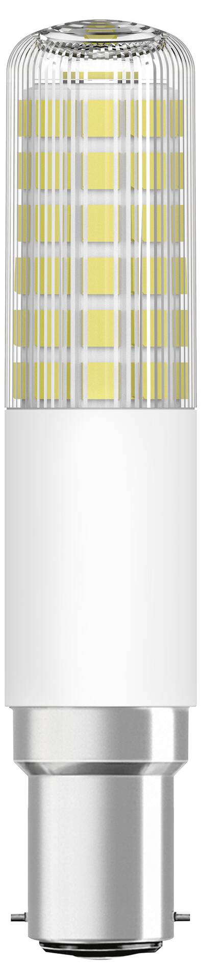 En LED-pære med cylinderform og hvid sokkel, egnet til energieffektiv belysning.