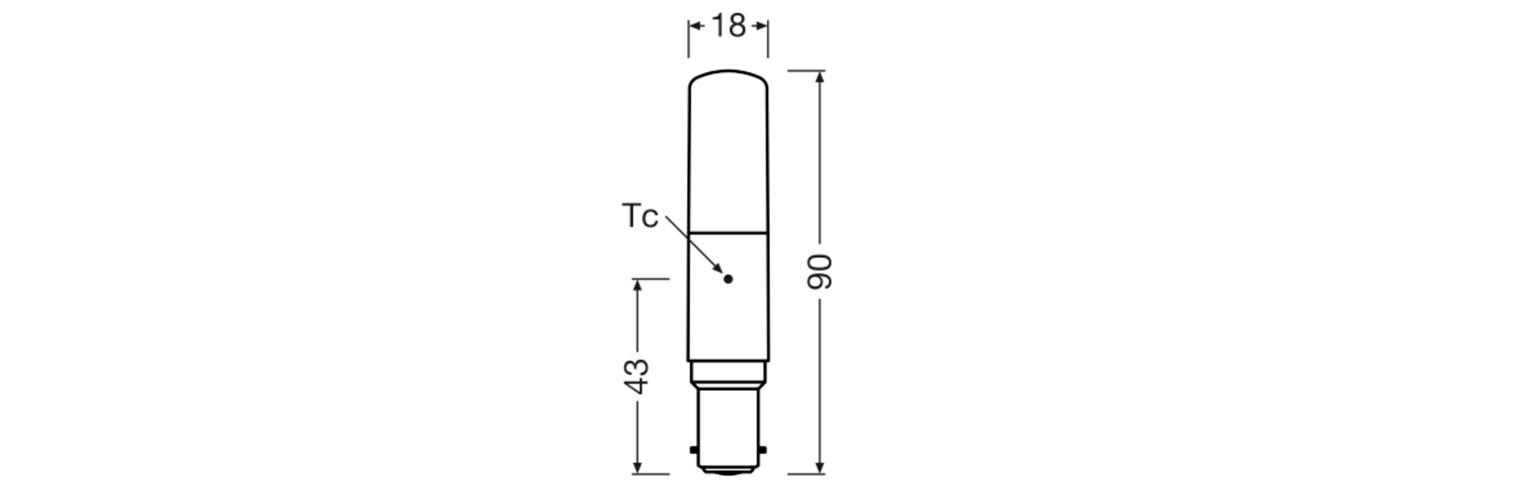 Teknisk tegning af en lampe med mål: Samlet højde 90 mm, øvre sektion 47 mm, nedre sektion 43 mm, bredde ca. 18 mm.