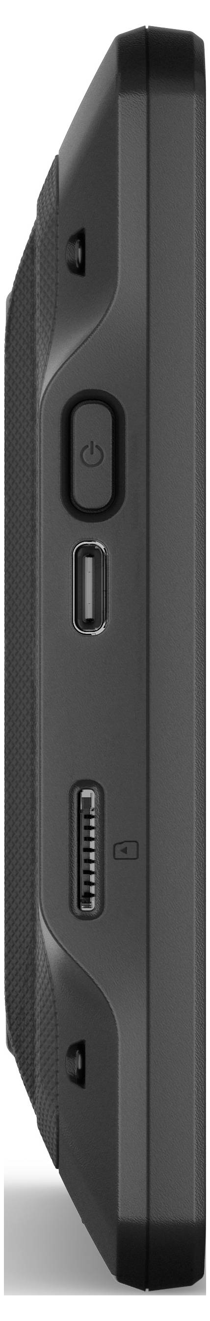 Sidevisning af en tablet med tænd/sluk-knap, USB-C-port og en anden port. Enhedens overflade er sort.