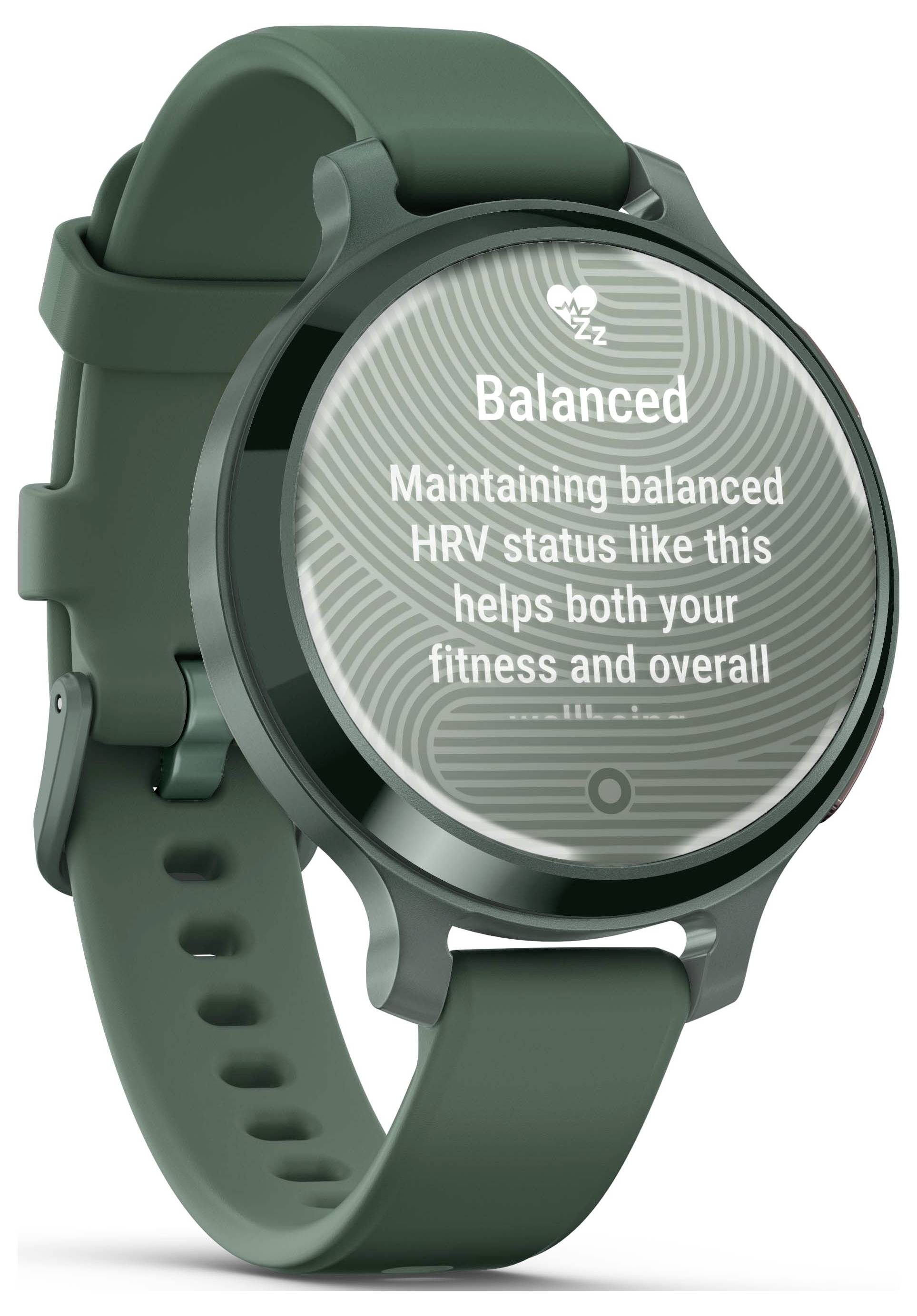 En grøn smartwatch viser teksten 'Balanced: Ved at opretholde en balance i din hjerterytmevariabilitet (HRV) som dette hjælper du både din fitness og dit generelle velbefindende.'