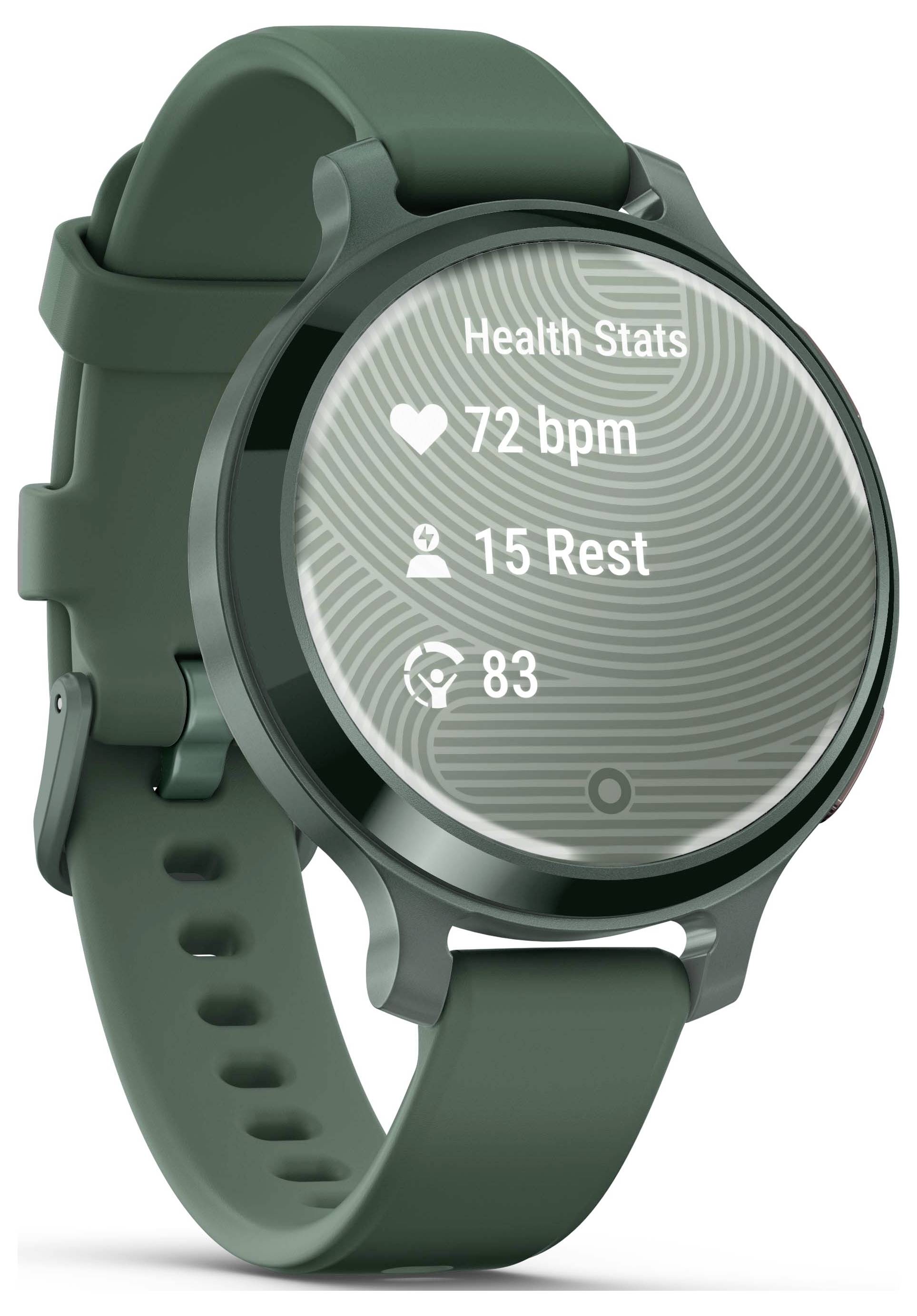 Grøn smartwatch med datadisplay: 'Helbredsstatus, 72 puls, 15 hvile, 83'. Viser hjertefrekvens og helbredsstatistikker.