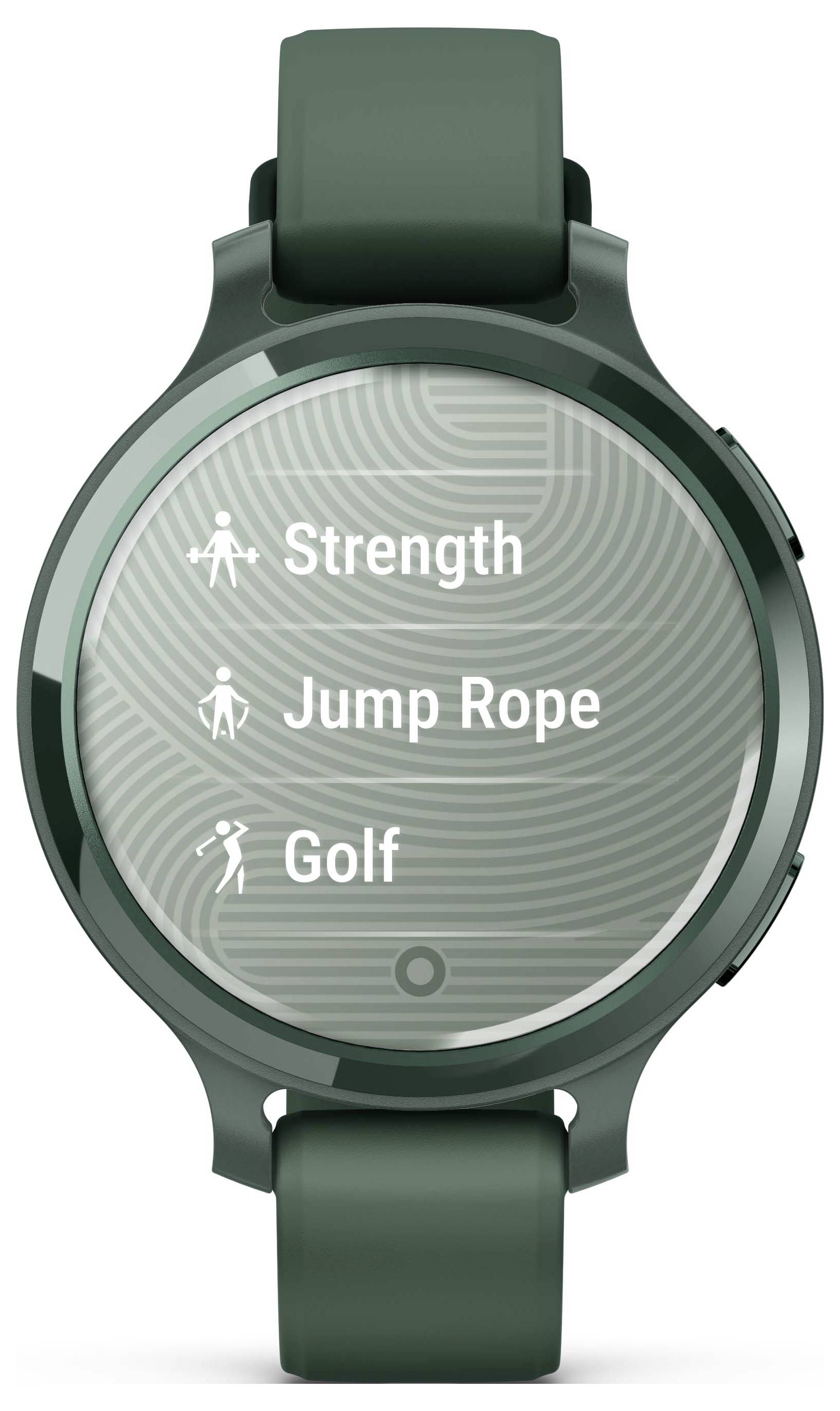 Smartwatch med grønt armbånd viser aktiviteter: 'Styrke', 'Hoppereb', 'Golf' på displayet.