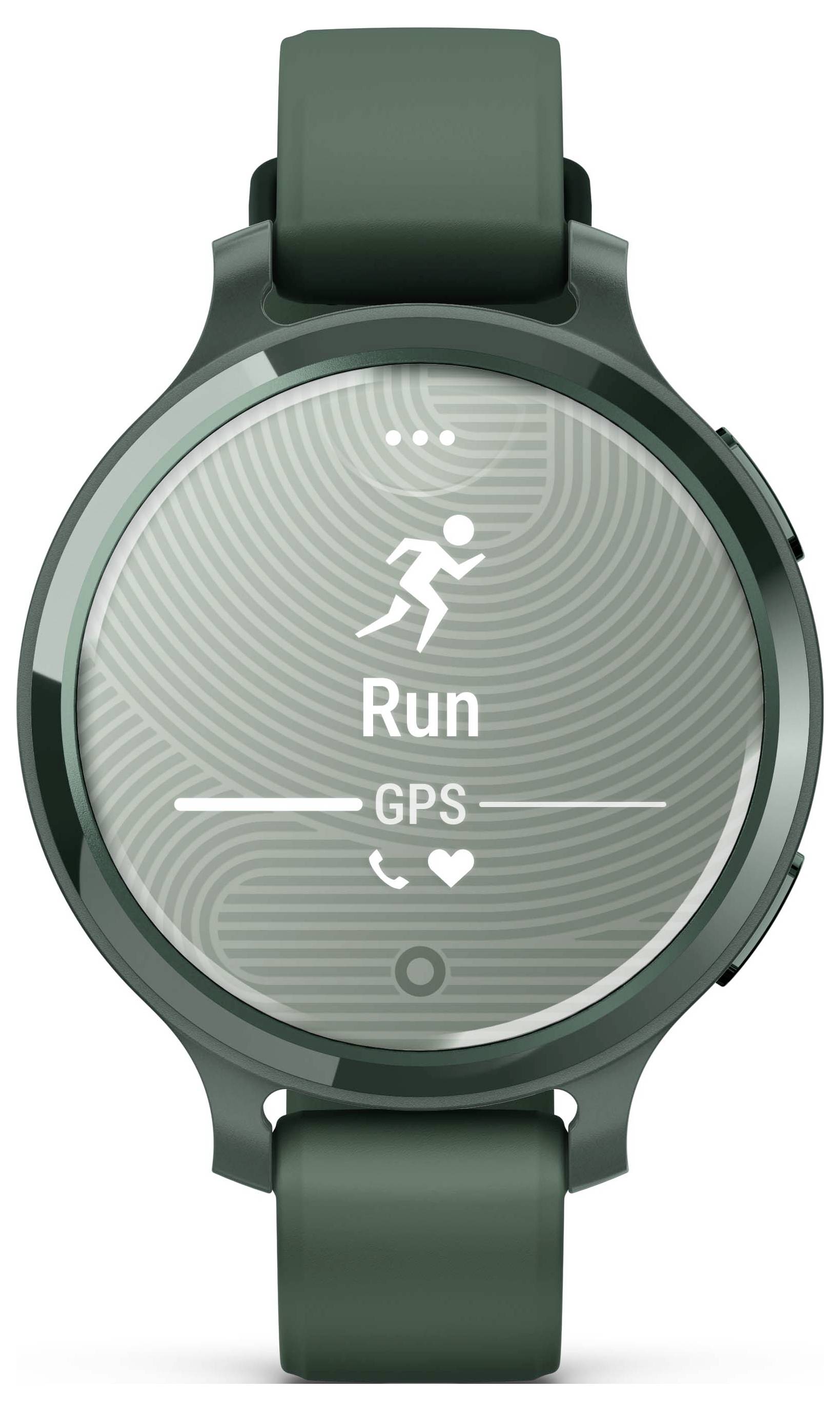 Et digitalt sportsur med et grønt armbånd viser et stiliseret løbe-symbol på displayet og teksten 'Run' med GPS-aktivering.