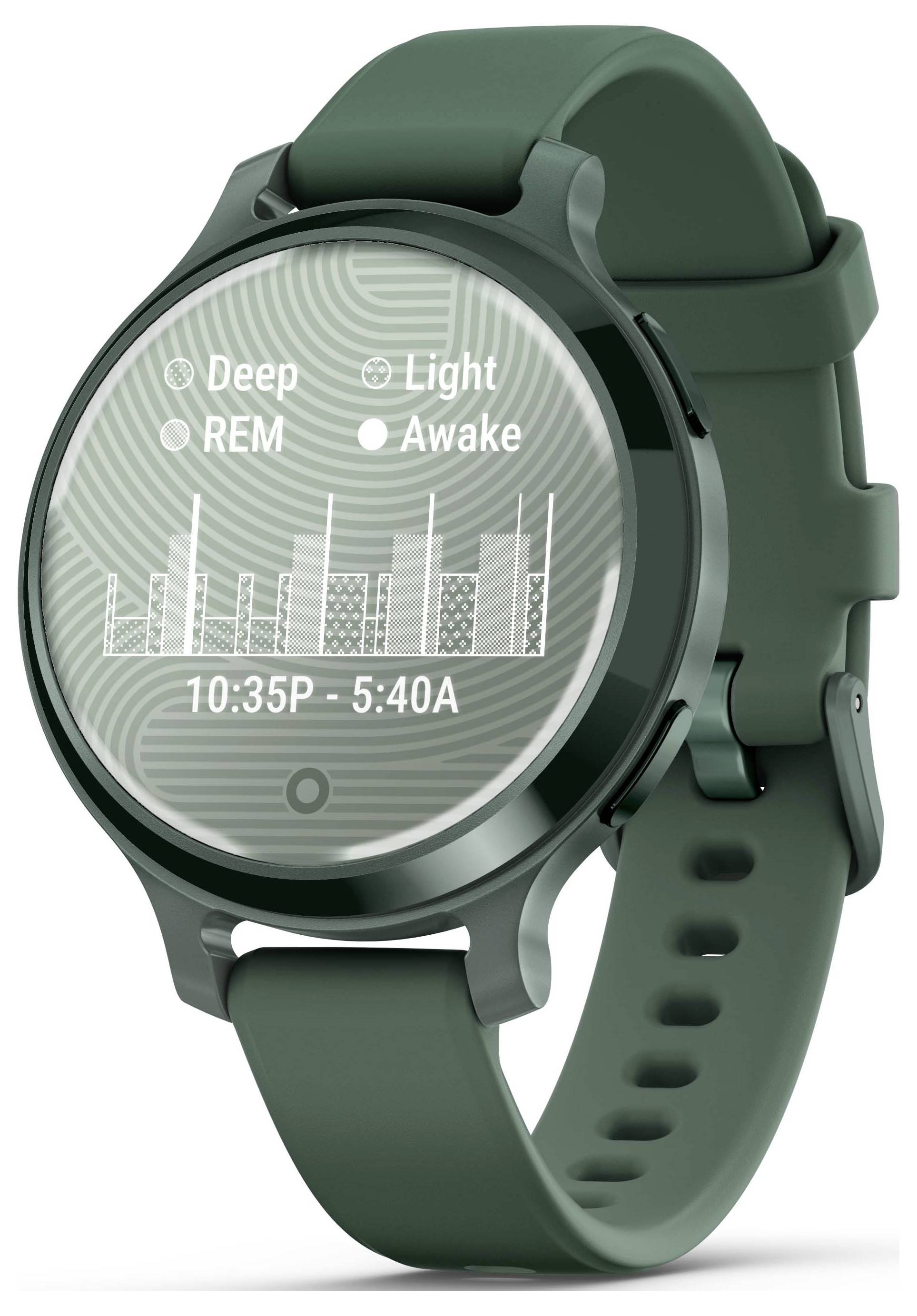 Grøn smartwatch viser søvnanalyse med søjlediagram for dyb søvn, REM-søvn, letvægtssøvn og vågentilstand. Viser tid fra 22:35 til 5:40.