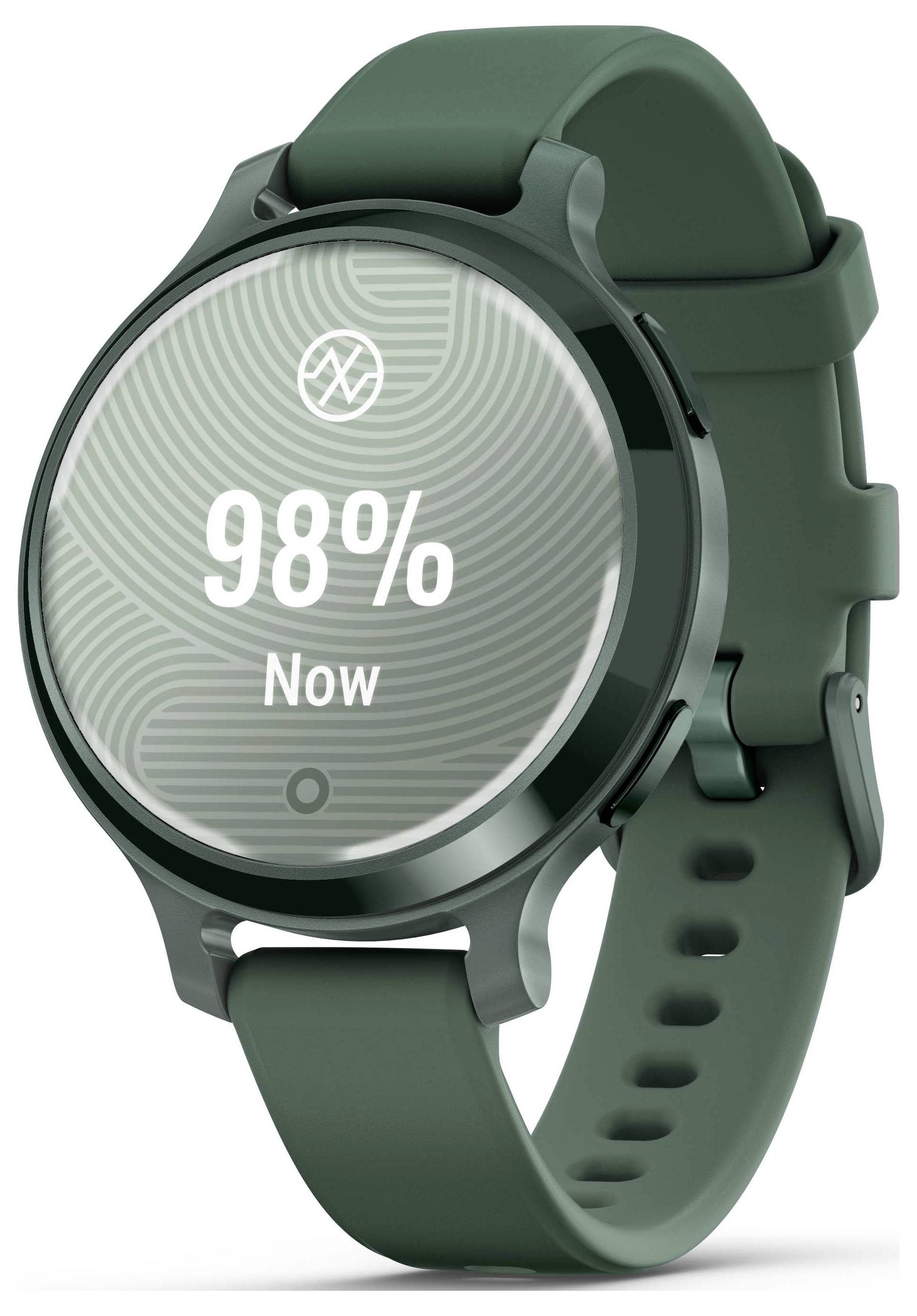 Grøn smartwatch med rundt display viser '98% Nu'. Moderne design og silikonrem til fitness eller hverdag.