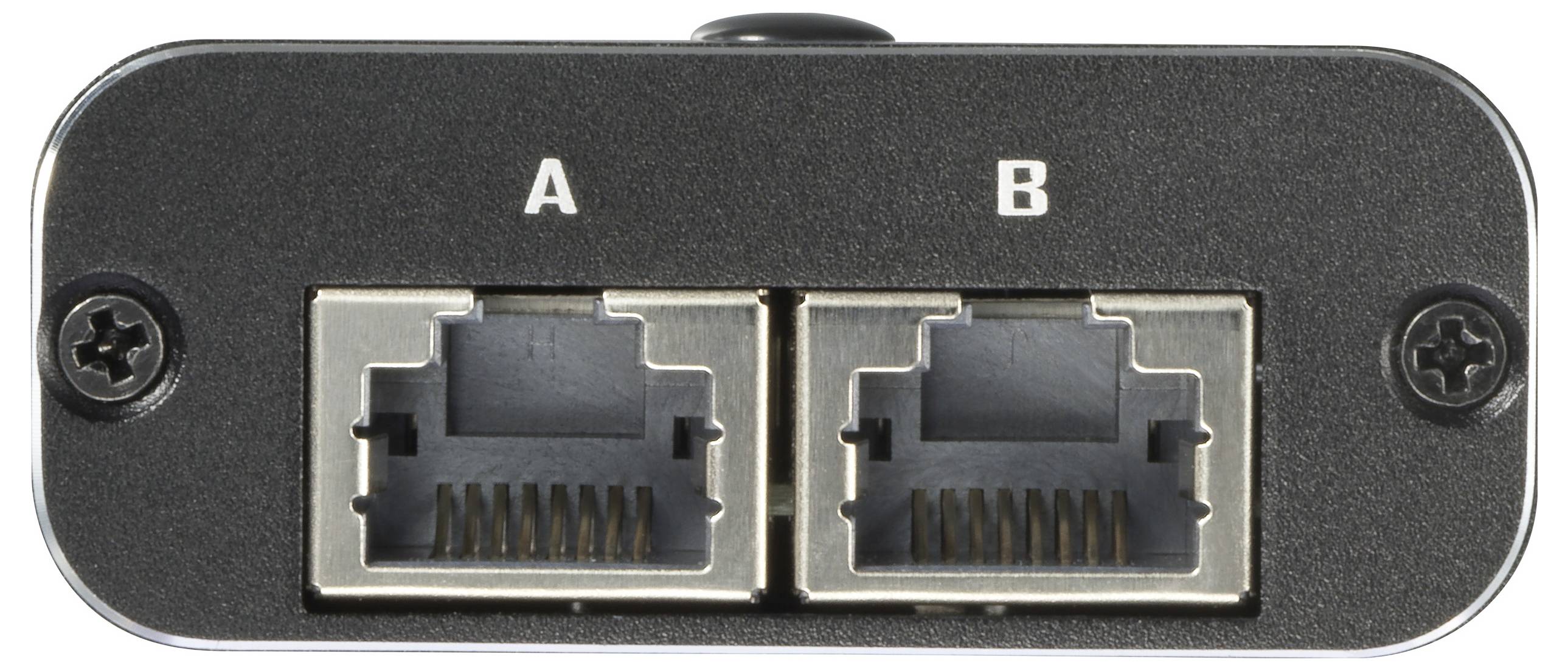 To Ethernet-stik placeret ved siden af hinanden på en enhed, med betegnelserne 'A' og 'B' oven over.