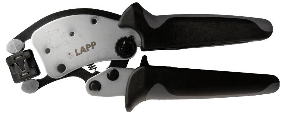 En sort, håndbetjent crimpetang fra mærket Lapp, med ergonomiske håndtag og en sølvfarvet metaloverflade.