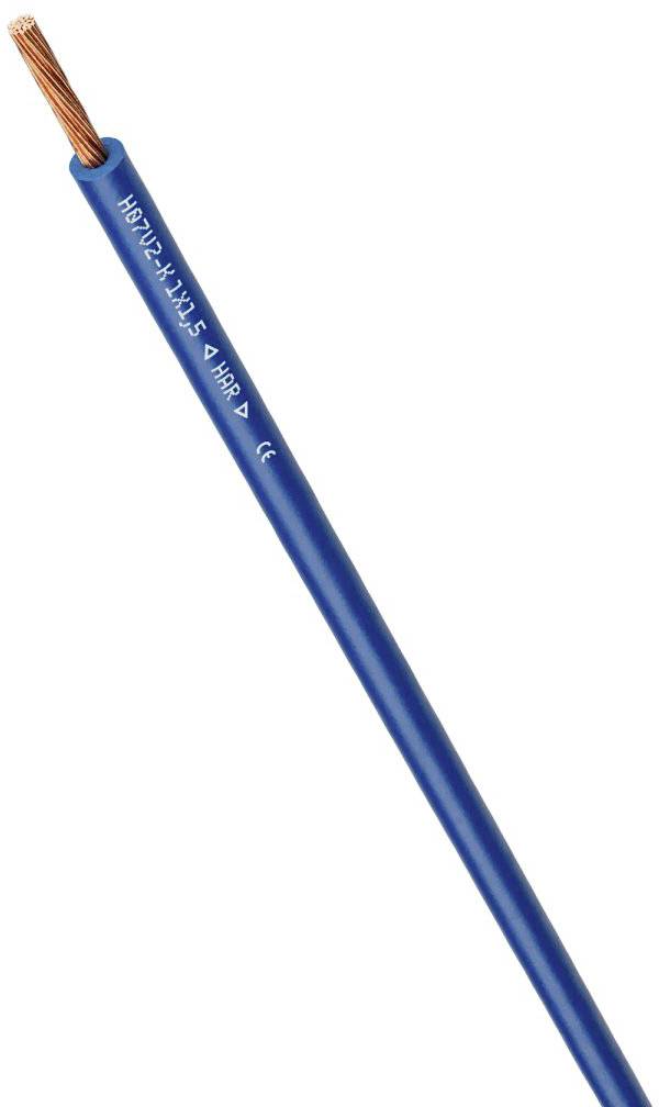 Et blåt elektrisk kabel med kobberledning indeni.