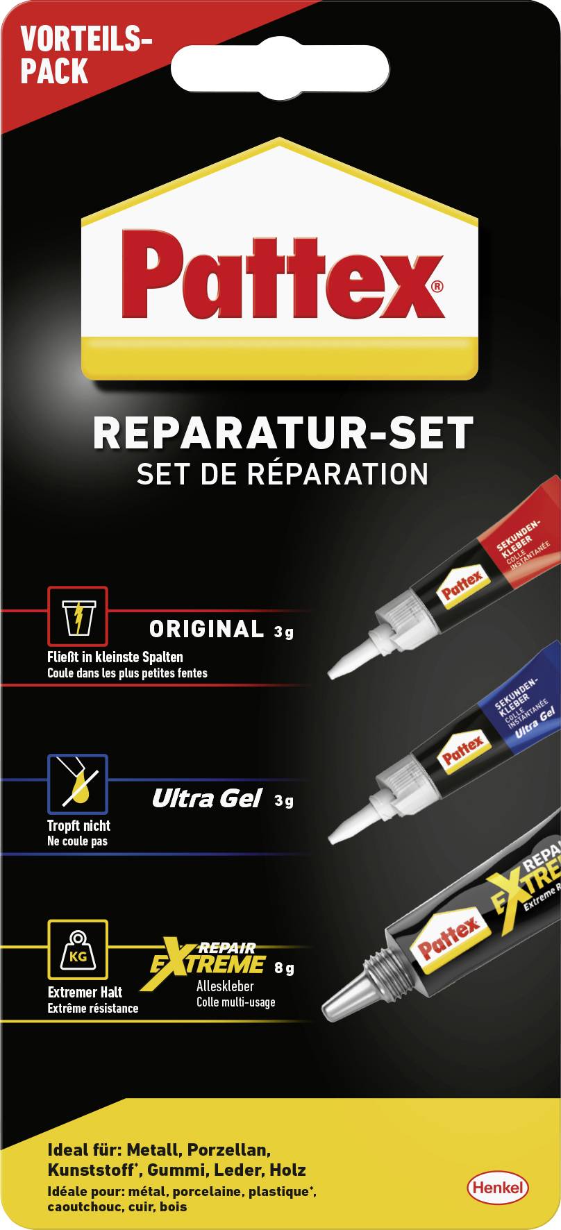 'Pattex Reparationssæt' emballage med tre tuber lim: Original, Ultra Gel og 60 Sekunders Universallim, egnet til forskellige materialer.