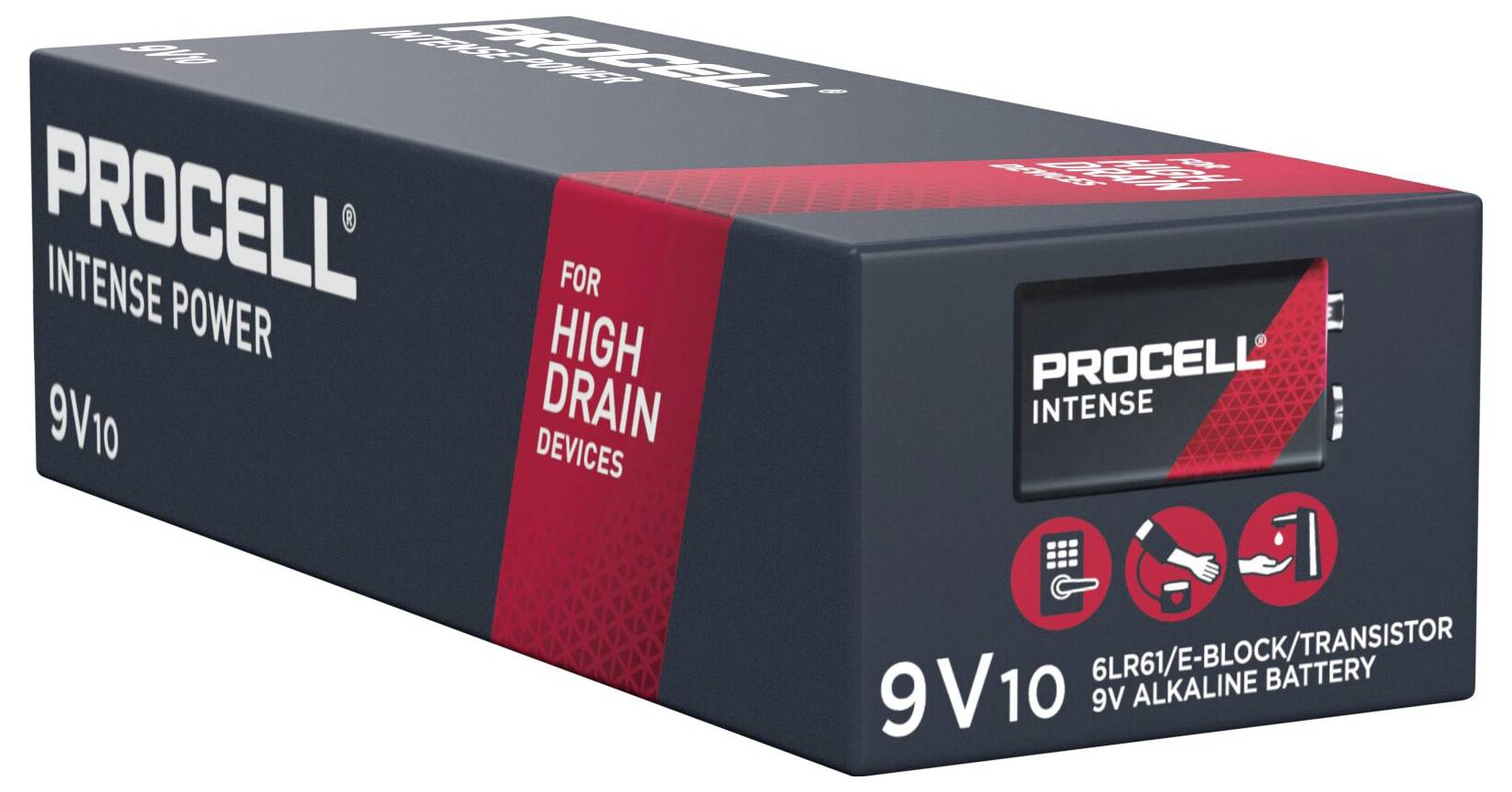 Procell 9V Intense Power Batteri til højtydende enheder, emballage med røde og sorte detaljer.