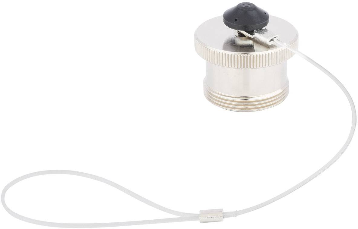 Metallisk endeprop med plastgreb og sikkerhedskabel, som beskytter tilslutninger mod støv og snavs.