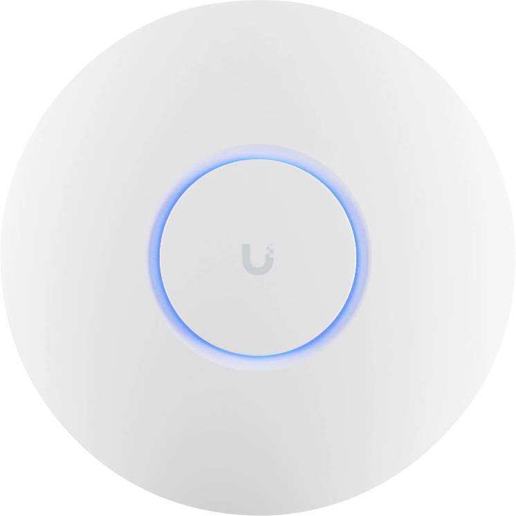 En rund hvid trådløs accesspoint med en blå LED-ring, forsynet med et lille 'U'-logo i midten.