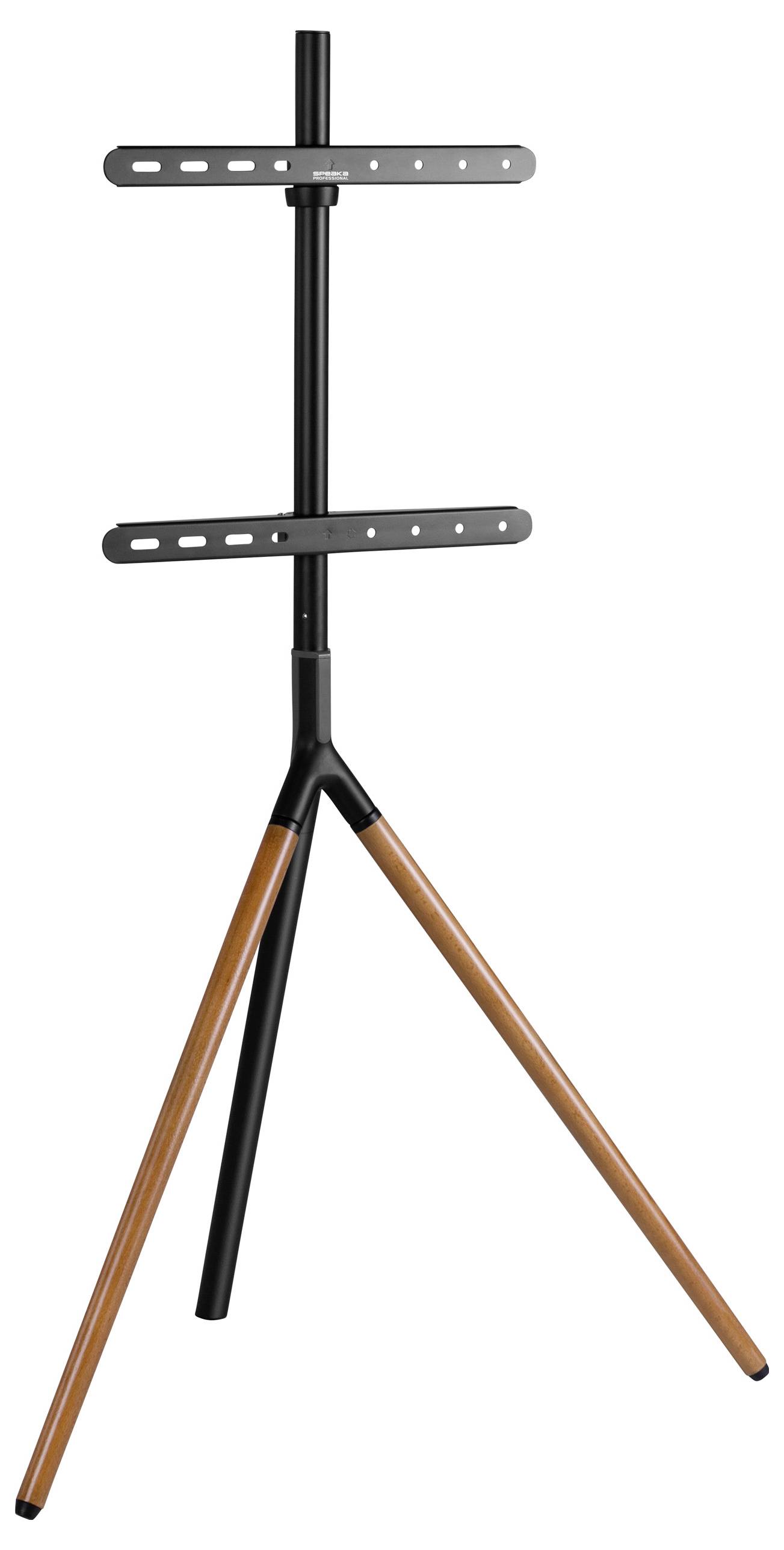 TV-stativ med sort metalramme og brune træben til stilfuld fremvisning.