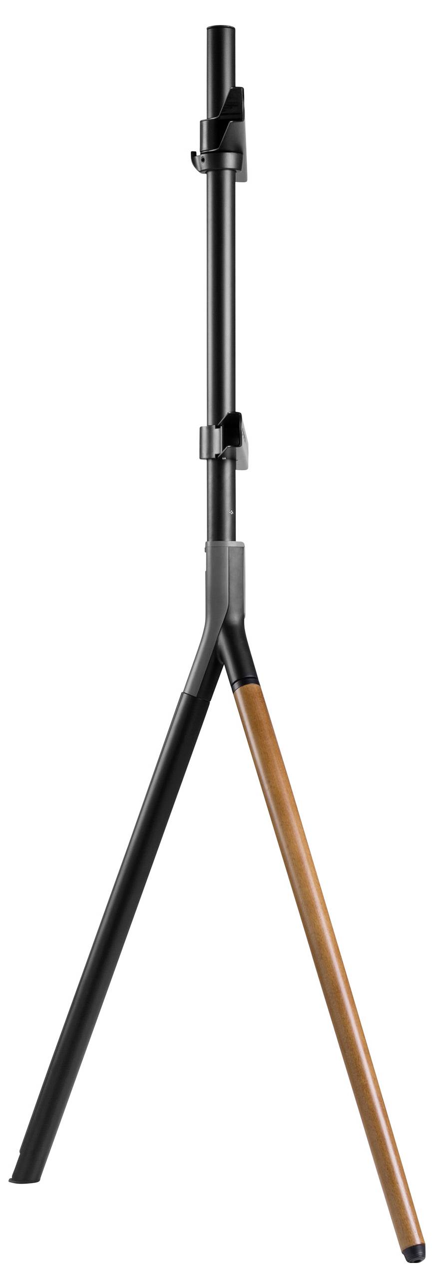 Et justerbart stativ med en kombination af sorte og træfarvede ben, velegnet til kameraer eller belysningsudstyr.