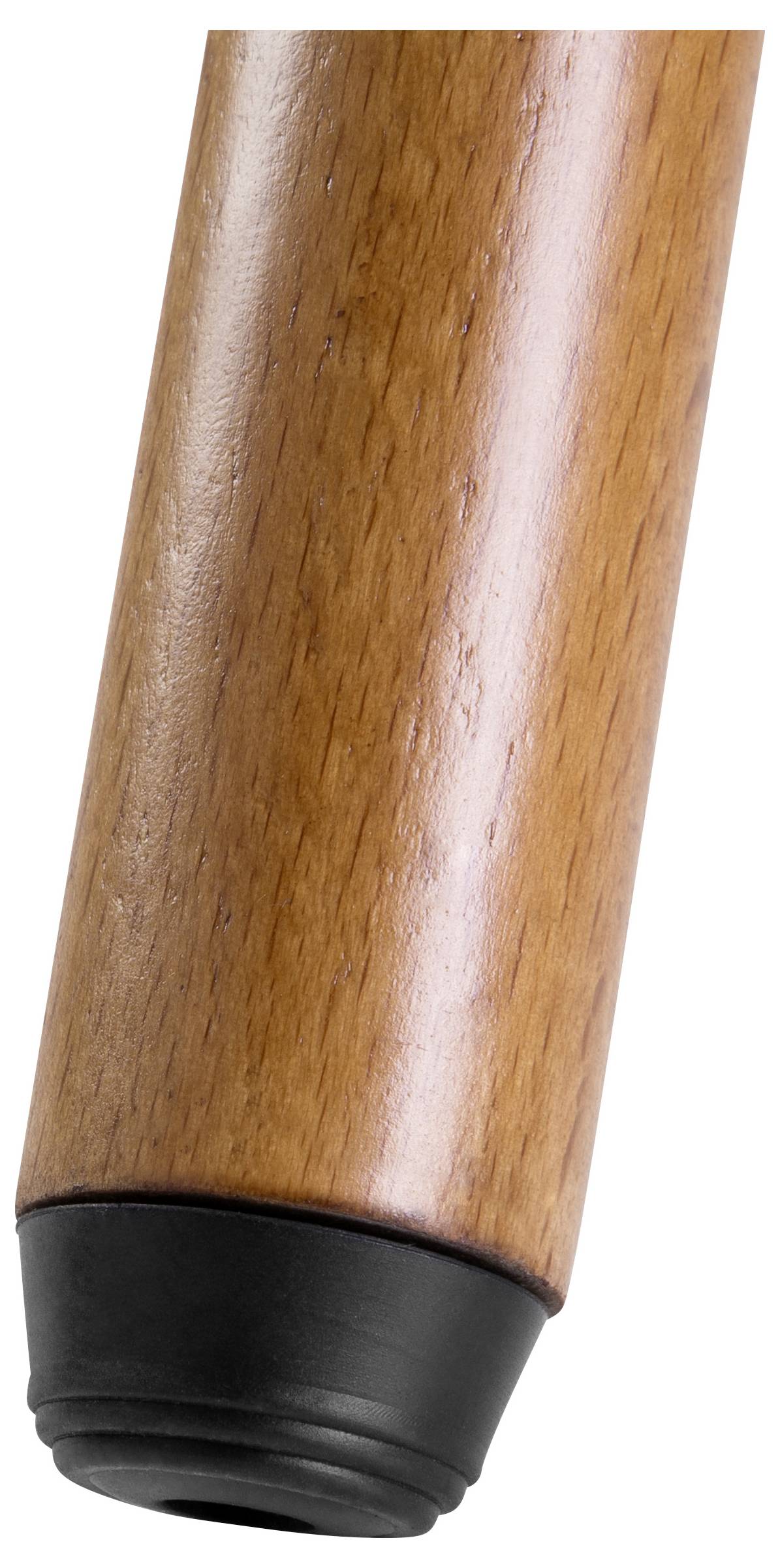 En brun træstok med et sort gummeret endestykke, formentlig en del af en vandrestav eller en stok.