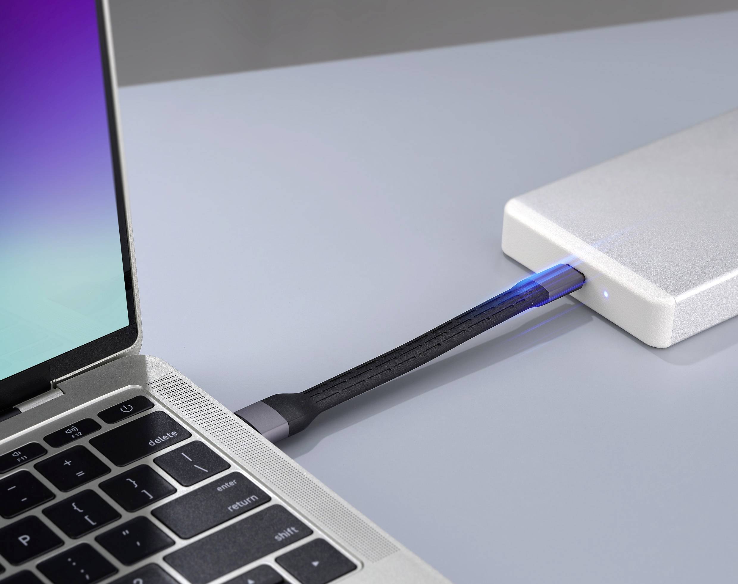 En bærbar computer er forbundet med en ekstern harddisk via et USB-kabel. En blå kontrollampe viser den aktive forbindelse.