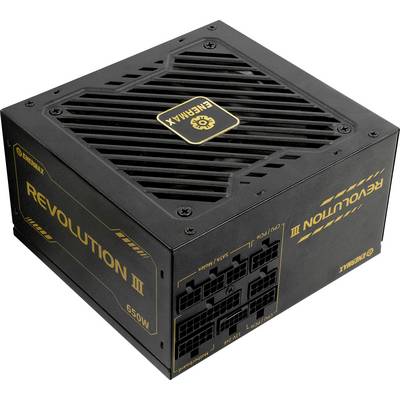 En sort Enermax Revolution III 650W strømforsyningsenhed, der viser ventileret top, virksomhedens mærke og flere kabelstik.