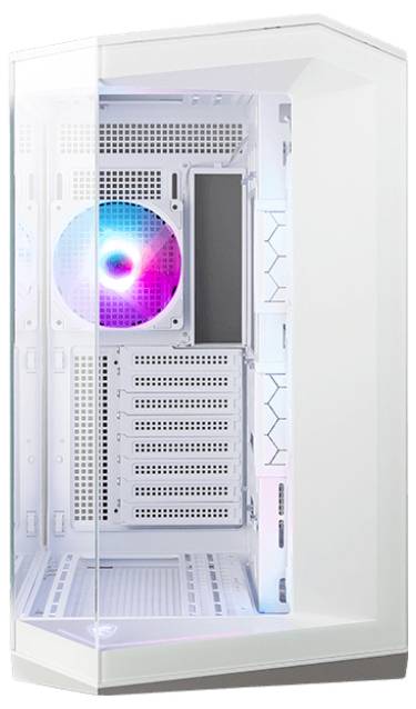Hvidt computerkabinet med glasfront og oplyst blæser.