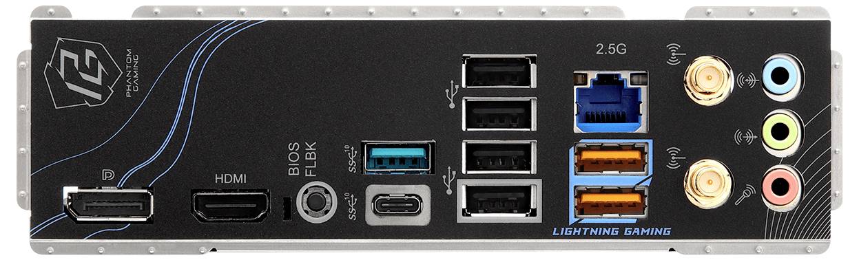 Bagsiden af et computer-bundkort med forskellige stik, herunder USB, HDMI, netværksstik og lydporte.