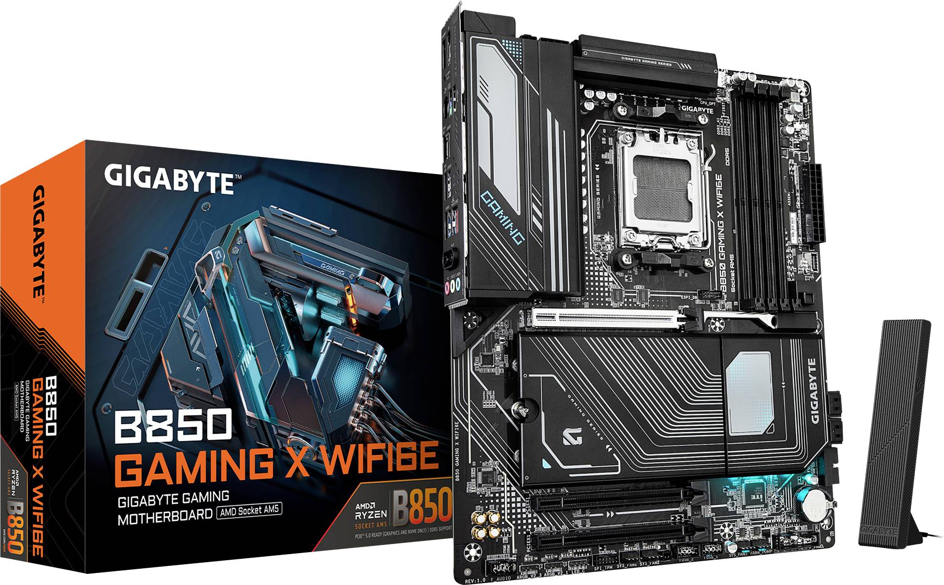'GIGABYTE B850 GAMING X WIFI' bundkort og emballage. Viser tilslutninger, kølekomponenter og antenne.