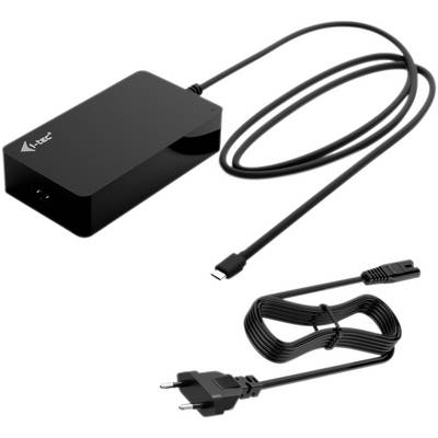 Sort strømforsyning med to kabler; ét med USB-C-stik, det andet med europæisk stik. Mærkelogo på huset.