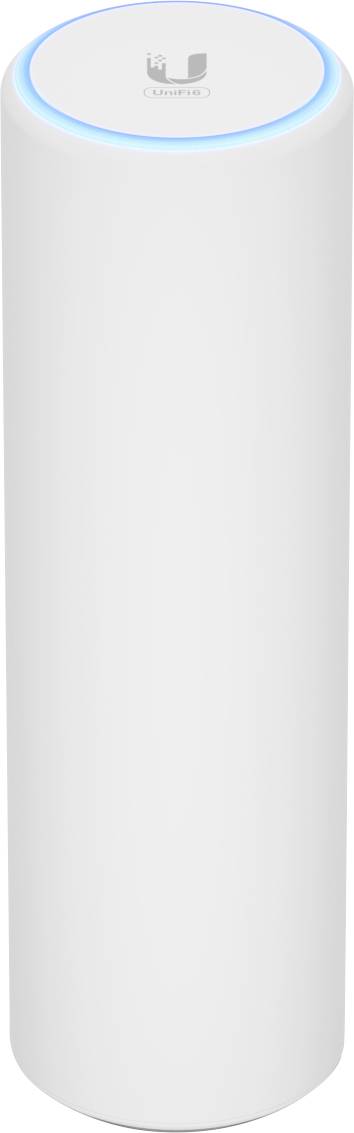 Hvid, cylinderformet WLAN-accesspoint med blå LED-ring øverst, mærket med et logo.