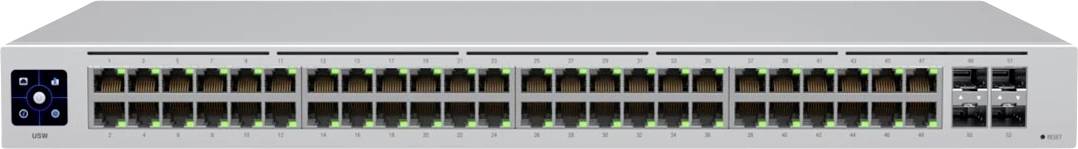 Netværksswitch med 48 Ethernet-porte og fire SFP-porte, egnet til store datanetværk.