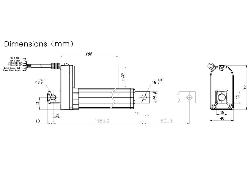 Teknisk tegning af en elektrisk lineærdrev med mål i millimeter. Hovedlængde: 155+3 mm. Detaljeret visning viser monteringspunkt.