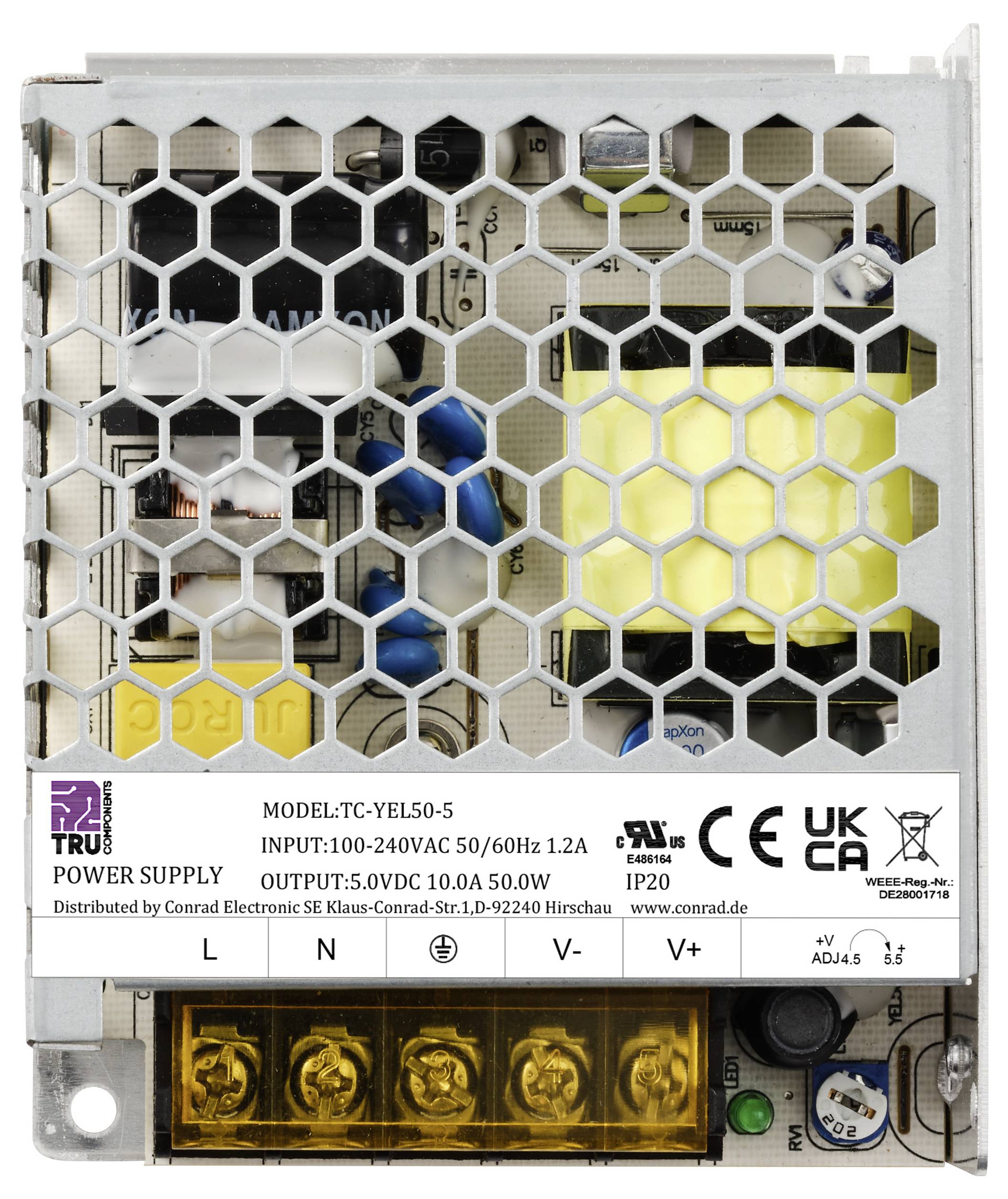 Strømforsyningsenhed med gitterkabinet. Model 'TC-YEL50-5', indgang 100-240VAC, udgang 5,0VDC 10A. Forskellige sikkerhedscertifikater synlige.