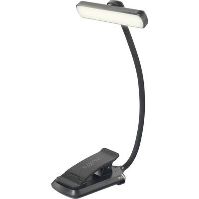 Sort LED-læselampe med fleksibel hals og klemme, egnet til bøger eller nodestativer. Lampehovedets aflange form sikrer ensartet belysning.