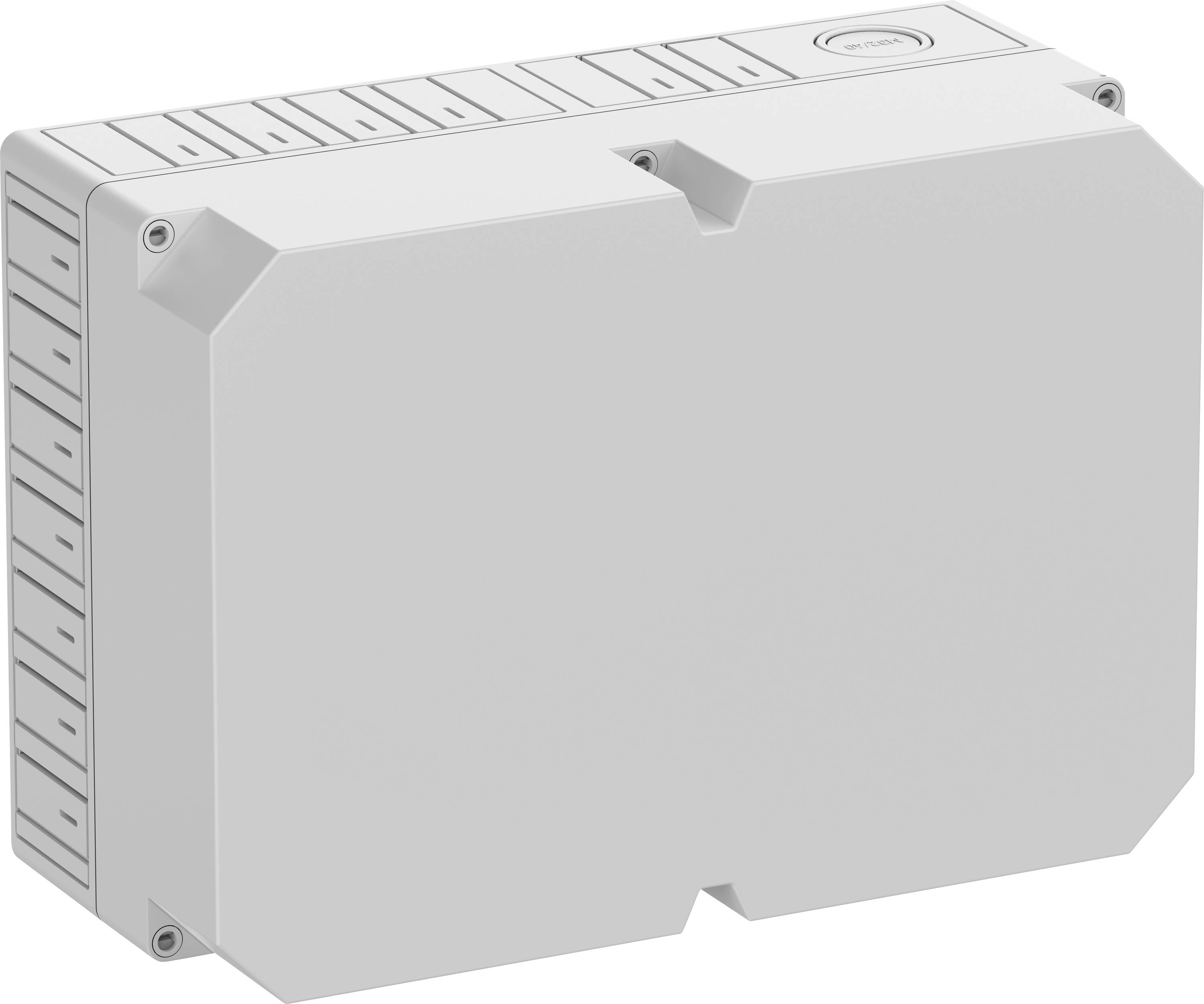 Hvid elektrisk stikdåse med flere kabelindføringer, velegnet til udendørs brug, viser kompakt og robust konstruktion.