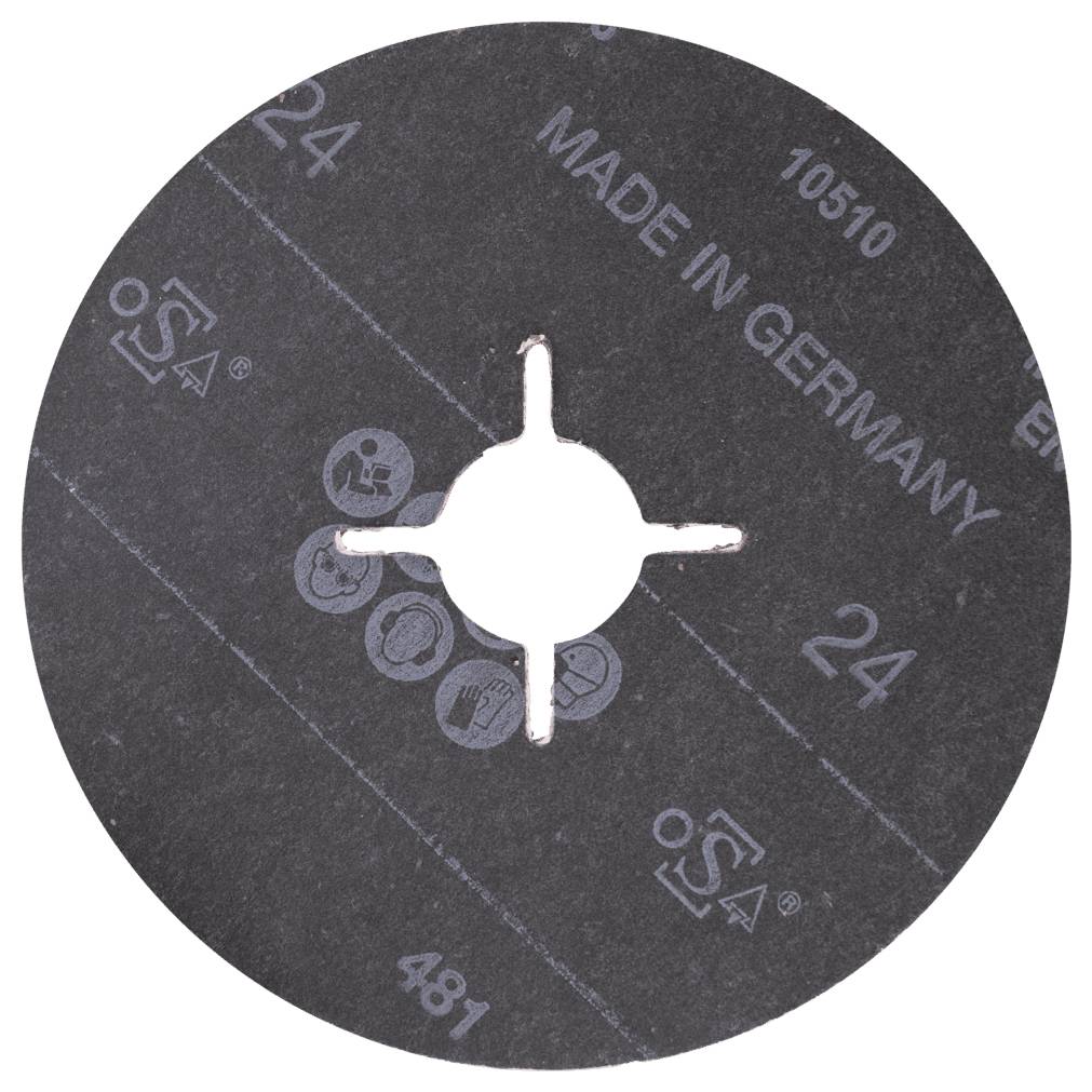 En rund slibeskive med et hul i midten, påskrift 'Made in Germany', tallene '24' og små symboler for sikkerhedsinstruktioner.