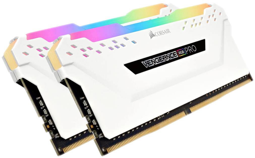 To Danish:<br><br>To hvide Corsair Vengeance RGB Pro RAM-moduler, justerbar RGB-belysning øverst, velegnet til kraftfulde computere.