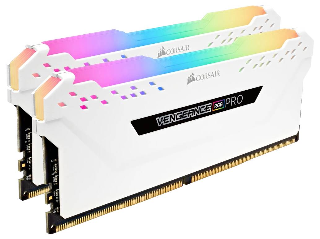 To praktiske Corsair Vengeance RGB Pro RAM-moduler i hvid med farverig LED-belysning, designet til kraftfulde desktopcomputere.