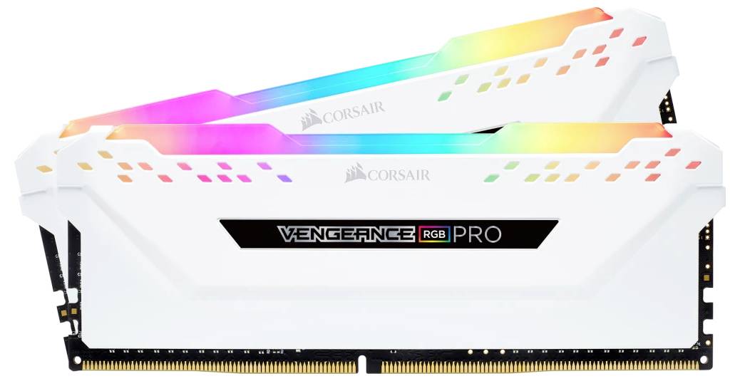 To Danish:<br><br>To hvide Corsair Vengeance RGB Pro RAM-moduler med lysende RGB-lys på oversiden, placeret ved siden af hinanden.