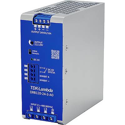 Et blå-sølv switchet strømforsyningsmodul fra TDK-Lambda med udgang 24VDC/10A. Display- og tilslutningsmuligheder er placeret på forsiden.