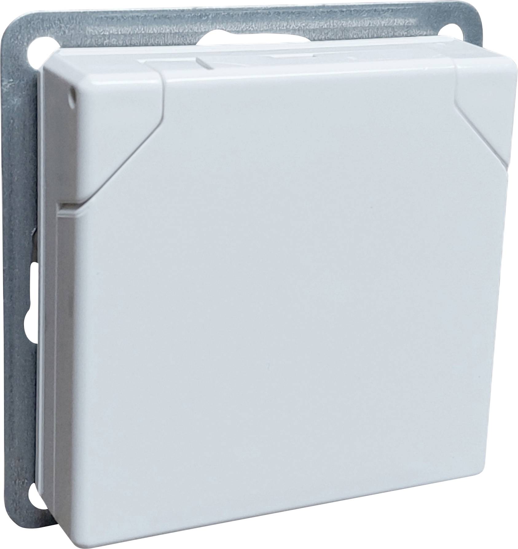 En hvid, firkantet lyskontakt i en metalramme. Ideel til indendørs brug.